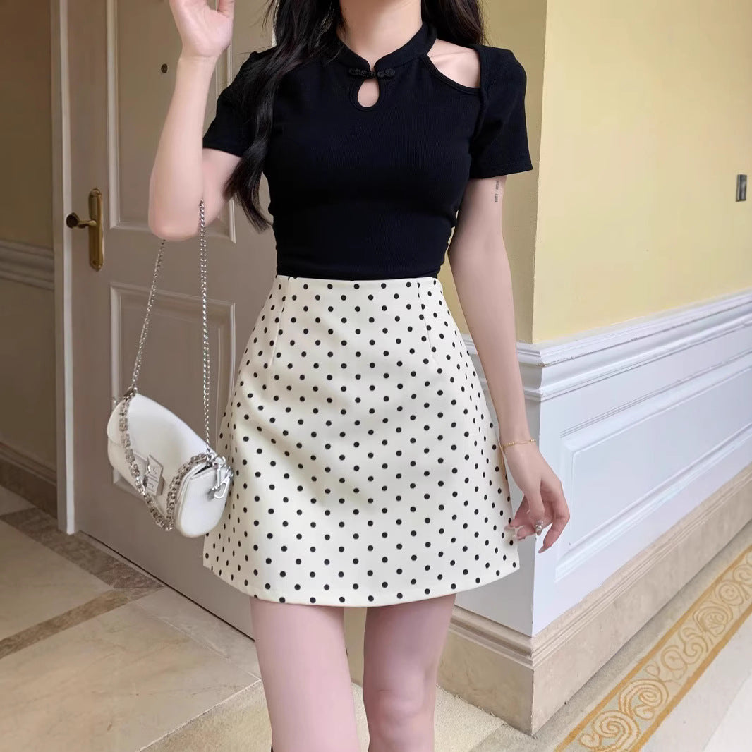 Women's High Waist A-line Skirt with Wave Dot Pattern