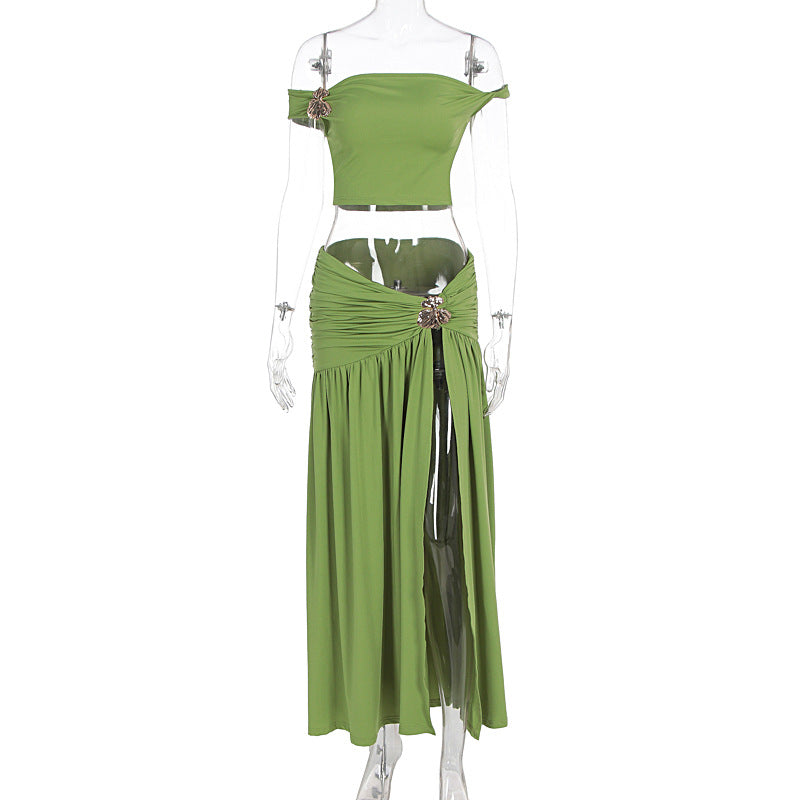 Sexy One-Shoulder Crop Top and Ruched Skirt Set