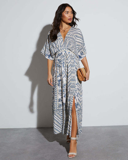 V-Neck Printed A-Line Short Sleeve Dress
