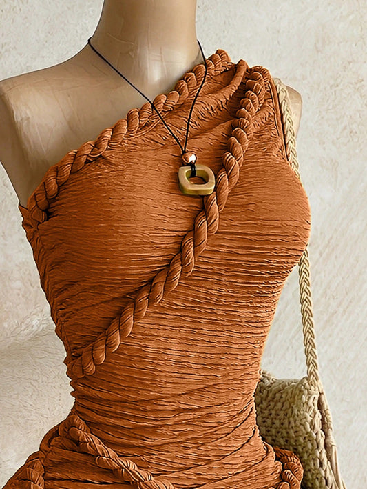 Braided Twist Halter Neck Pleated Dress