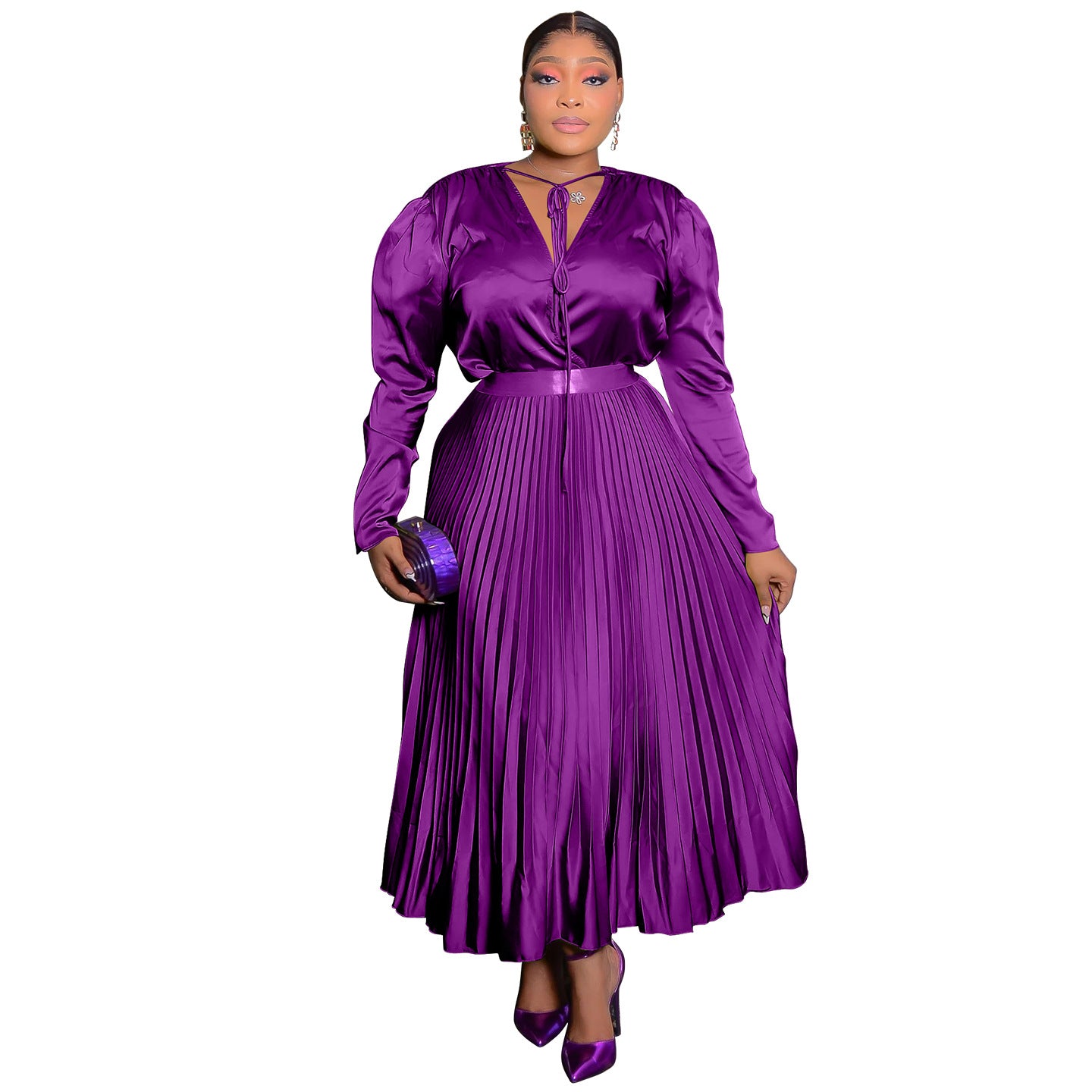 Plus Size Long Sleeve Pleated Skirt Suit with Lace-Up Detail