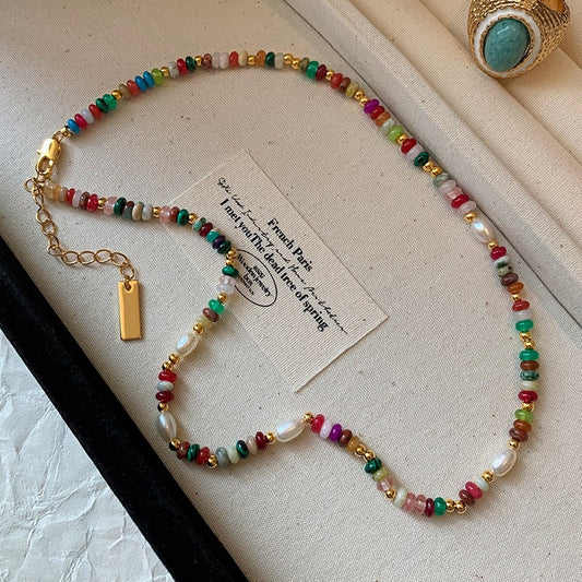 Natural Pearl Rainbow Stone Layered Necklace