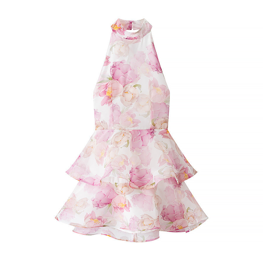 Floral Print Backless Halterneck Dress Drip Depot