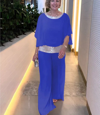 Sequin Bat Sleeve Shirt and Wide Leg Pants Set