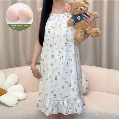 Sling Nightgown  Thin Cute Sweet Pajamas with Chest Pad