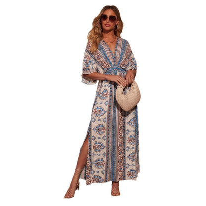 V-Neck Printed A-Line Short Sleeve Dress