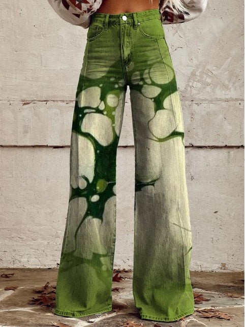 Digital Printed Five-Pointed Star Faux Denim Wide-Leg Pants, 3D Flared Trousers
