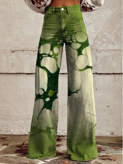 Digital Printed Five-Pointed Star Faux Denim Wide-Leg Pants, 3D Flared Trousers