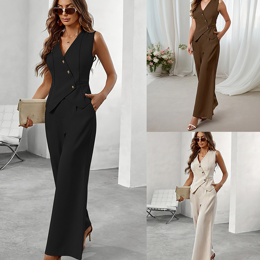 V-Neck Sleeveless High-Waisted Button Pants Suit