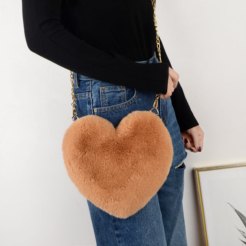 Heart Shaped Faux Rabbit Fur Crossbody Bag