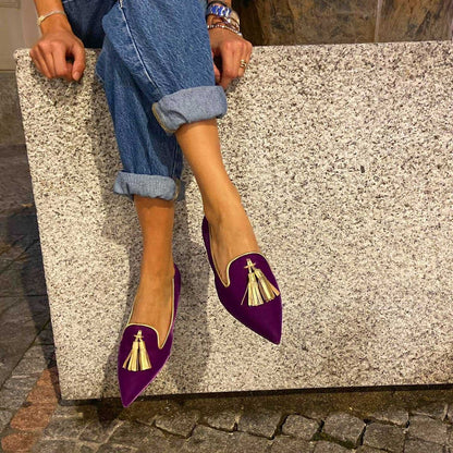 Low Heel Pointed Tassel Slip On Shoes