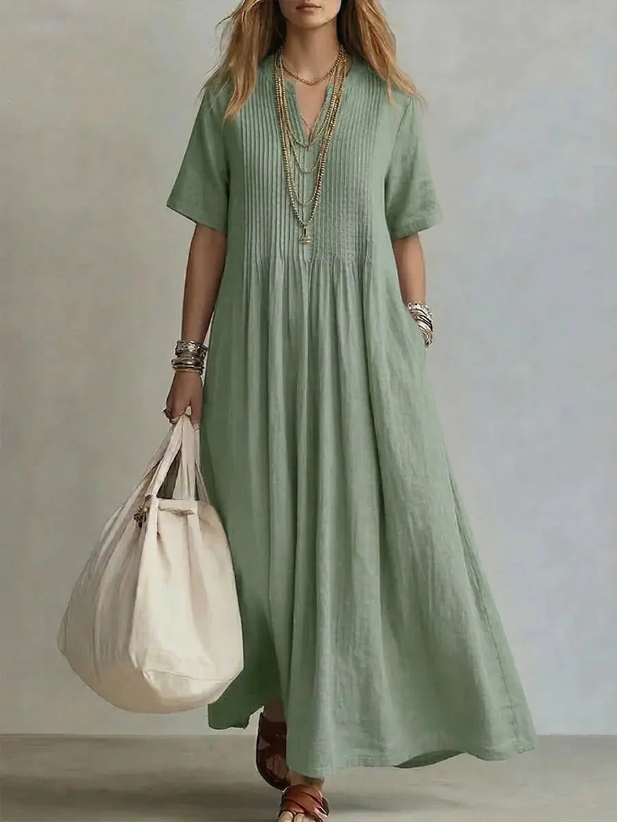 Women's V-Neck Pleated Cotton Linen Dress Drip Depot