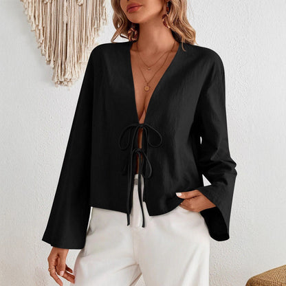 Women's Lace-Up Bell Sleeve Blouse
