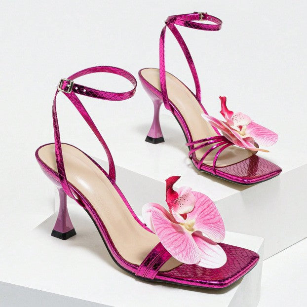 Square Toe Floral Ankle Strap Sandals
