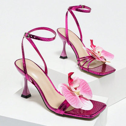 Square Toe Floral Ankle Strap Sandals