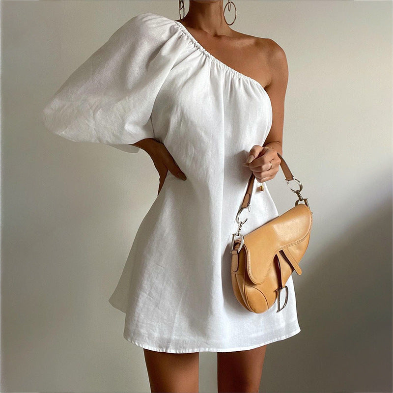 Oblique Shoulder Flared Sleeve Dress