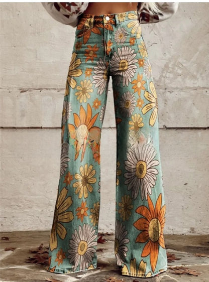 Digital Printed Five-Pointed Star Faux Denim Wide-Leg Pants, 3D Flared Trousers