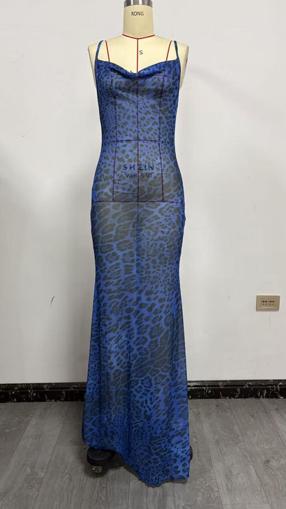 Women's Leopard Print Open Back Long Dress Drip Depot
