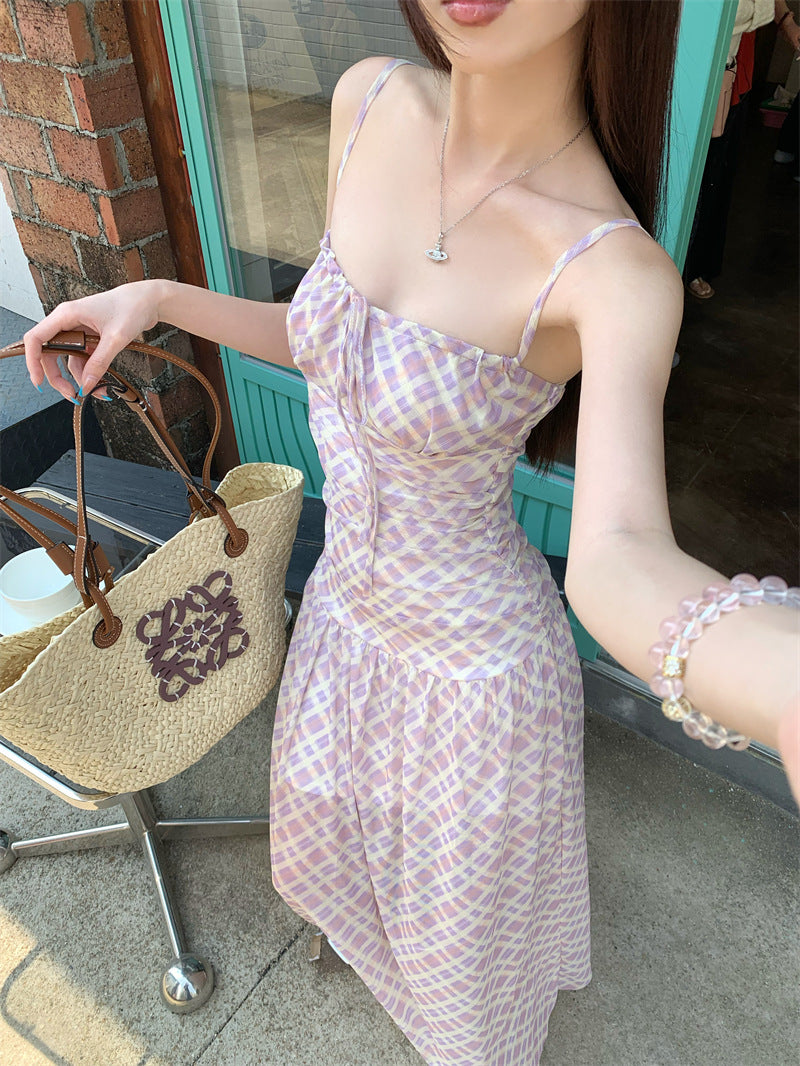 French Pink Plaid Tulle Suspender Dress