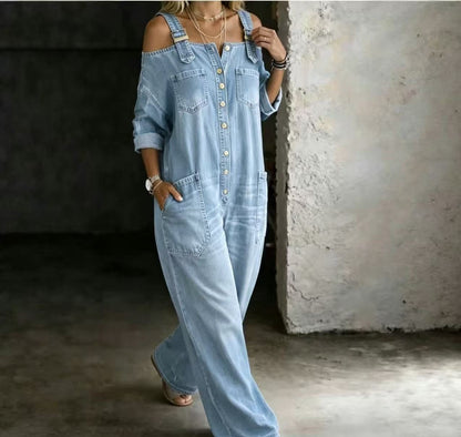 Off-Shoulder Denim Wide-Leg Jumpsuit
