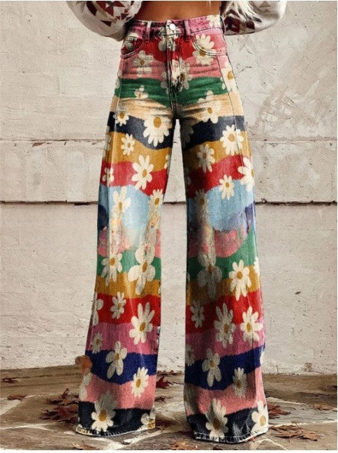 Digital Printed Five-Pointed Star Faux Denim Wide-Leg Pants, 3D Flared Trousers