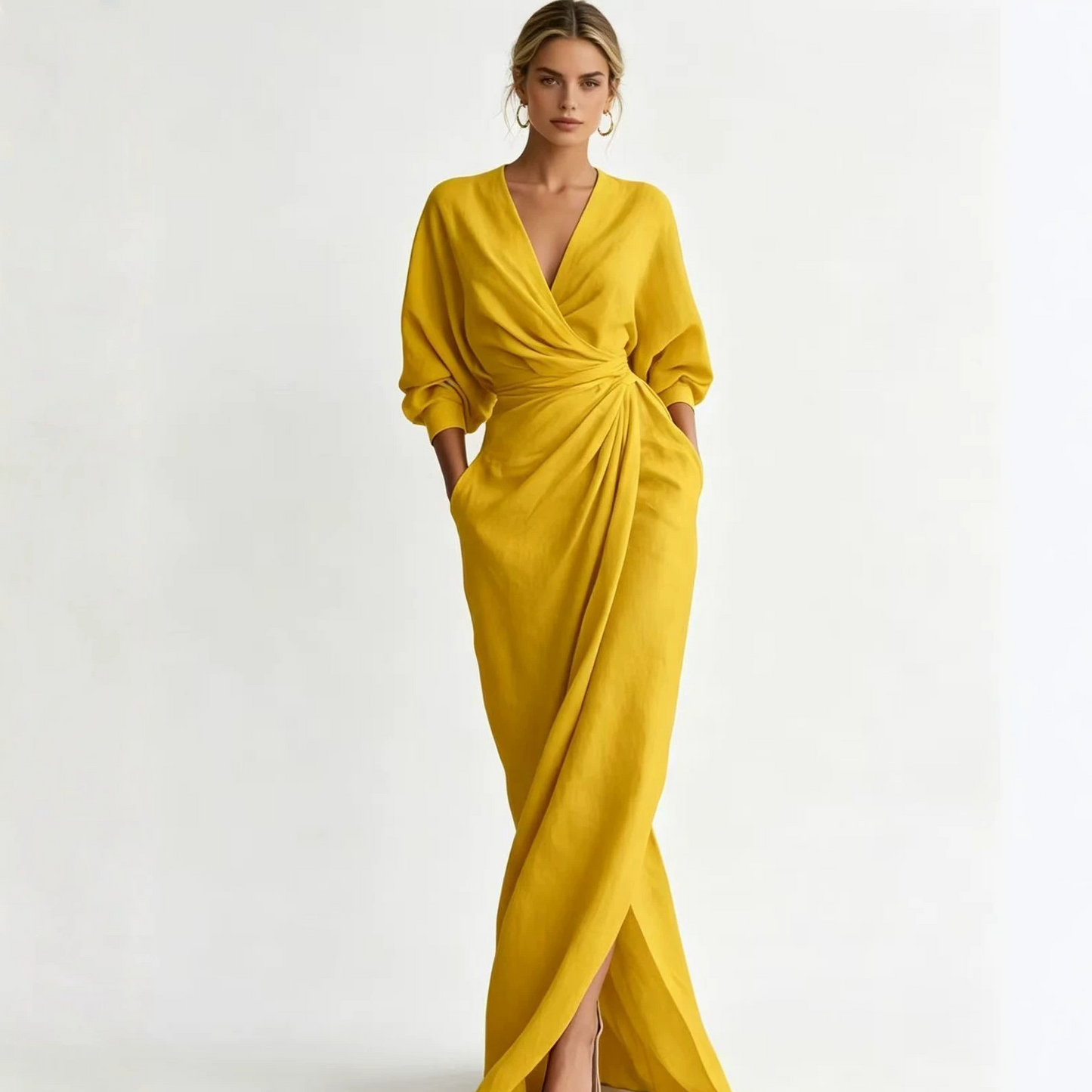 Solid Color V-Neck Long Sleeve Dress