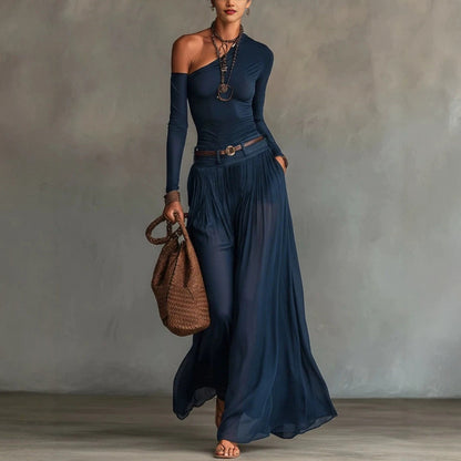 Solid Color Simple One-Shoulder Long-Sleeve Casual Set Long Dress