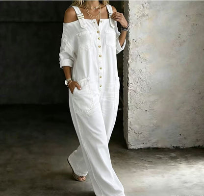Off-Shoulder Denim Wide-Leg Jumpsuit