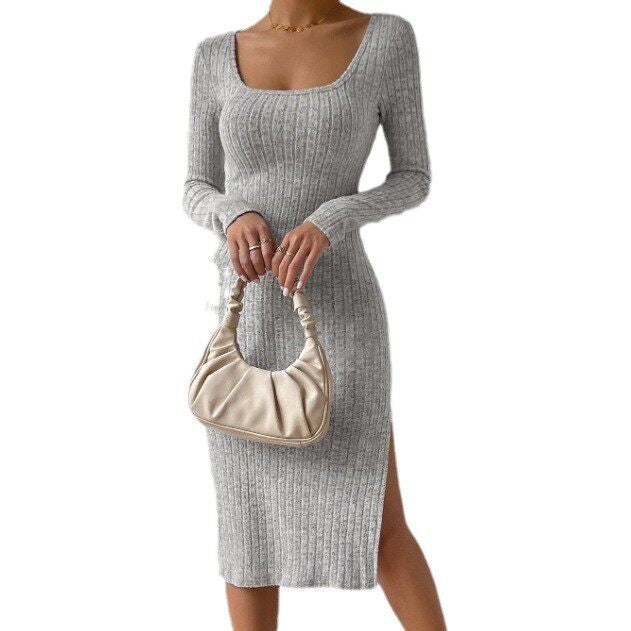 Women's Solid Color Polyester Dress with Square Collar