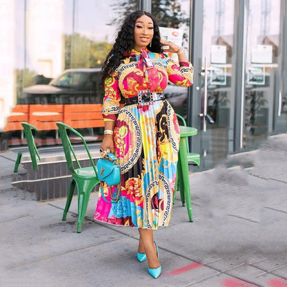 African print long dress in large size with a bow-shaped collar and three-quarter sleeves