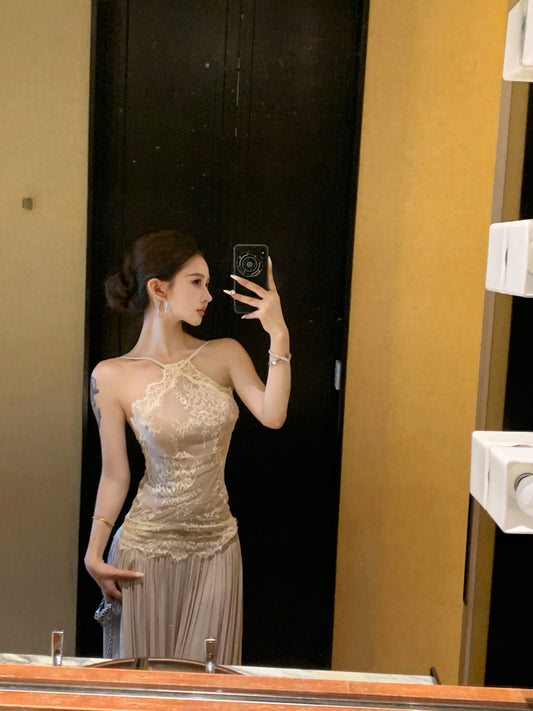 French-Style Lace Patchwork Strapless Long Dress