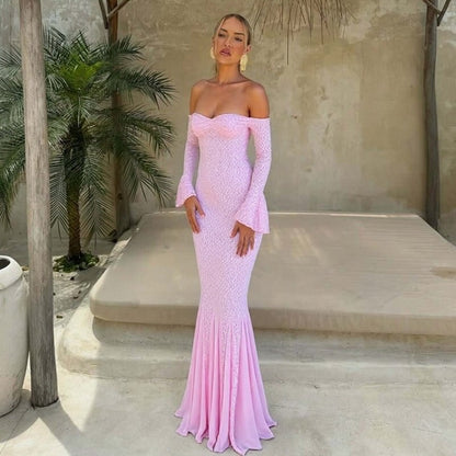 Off-Shoulder Lace Trim Mermaid Dress