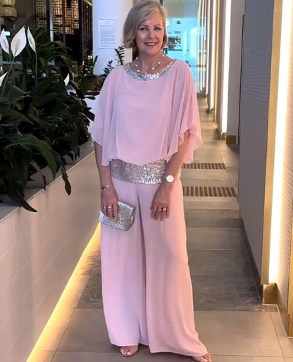 Sequin Bat Sleeve Shirt and Wide Leg Pants Set