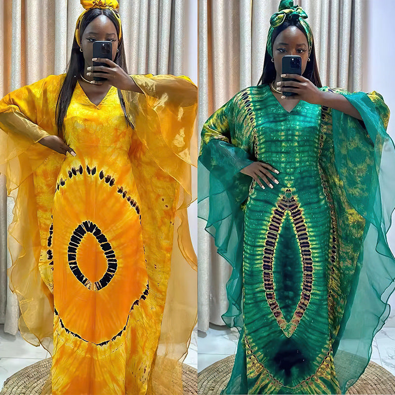 African Ethnic Print Mesh Long Dress with Headscarf
