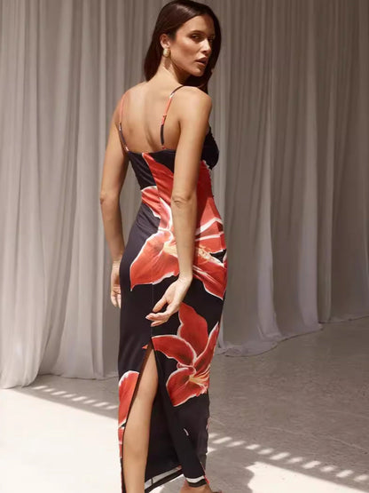 Floral Print Suspender Slit Dress Drip Depot