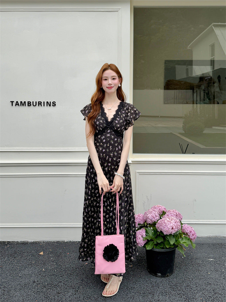 Floral Print Lace Neckline Flutter Sleeve Dress