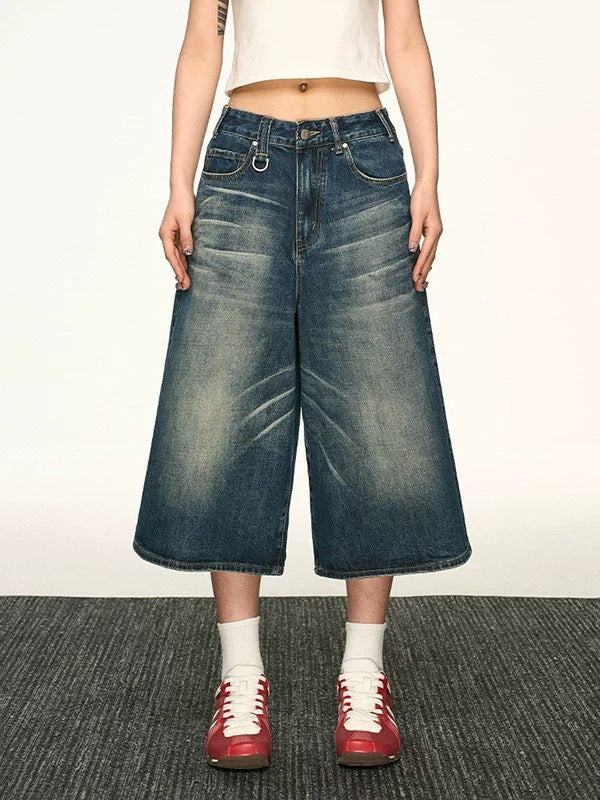 Vintage Washed Denim Wide-Leg Cropped Pants Drip Depot