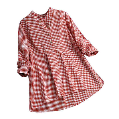 Plaid Stand Collar Pullover Shirt Long Sleeve  Top