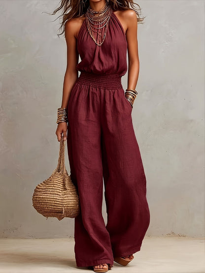 Linen European-style  dress with backless one-piece pants