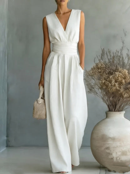 Elegant V-Neck Wide Leg Jumpsuit