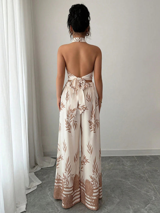 Halter Neck Tank Top and Wide-Leg Pants Set