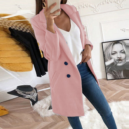 Solid Color Lapel Mid Length Button Wool Coat