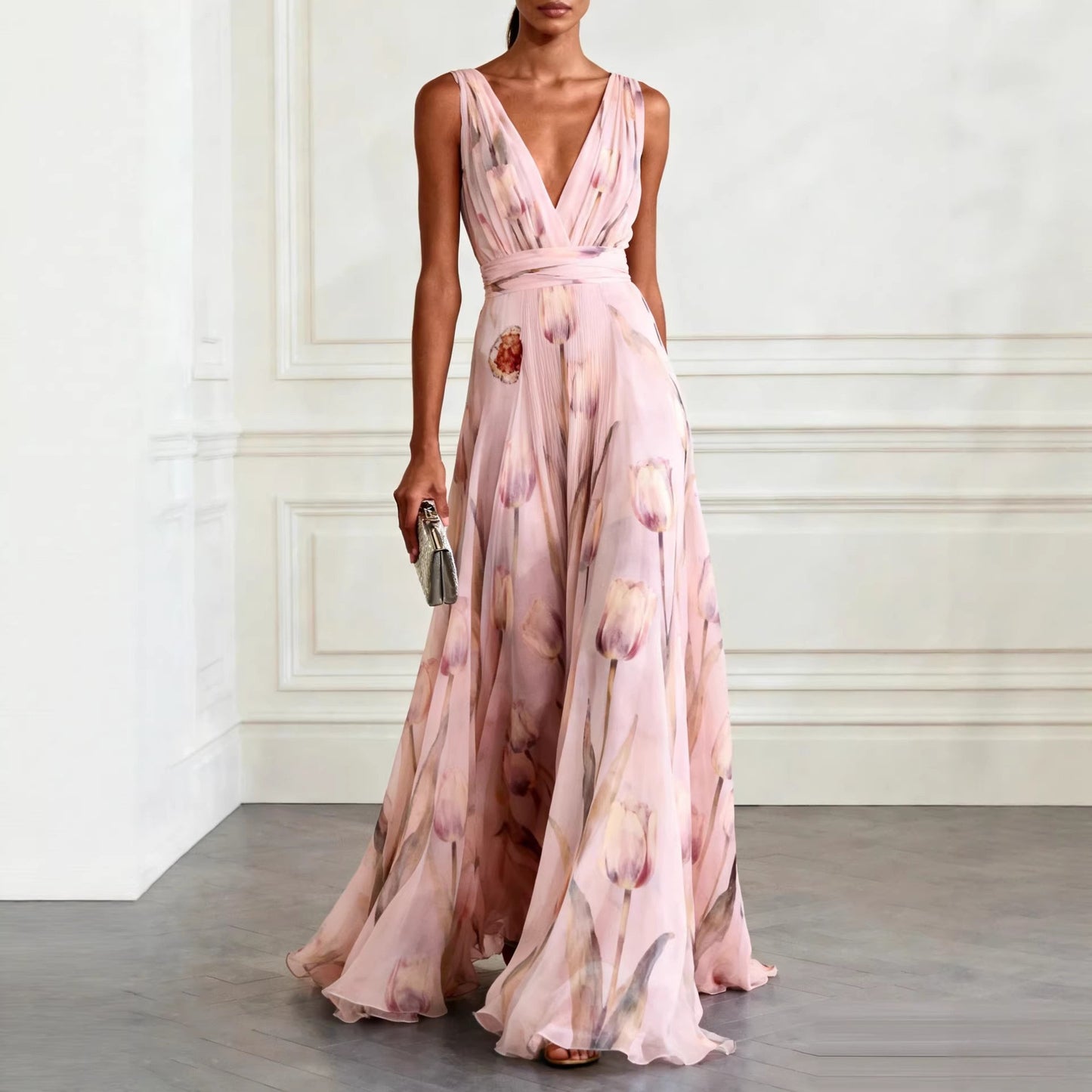 Floral Print V-Neck Sleeveless Long Dress