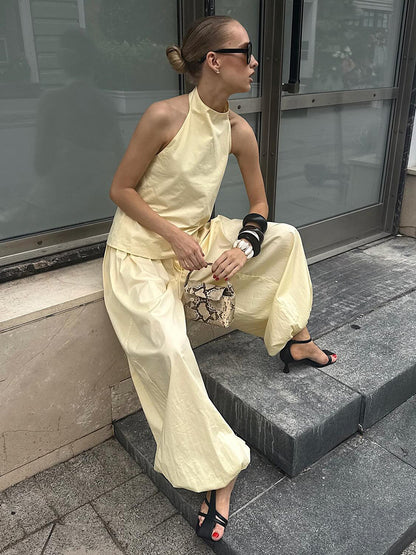 Sleeveless Halter Neck Top and Lantern Pants Set