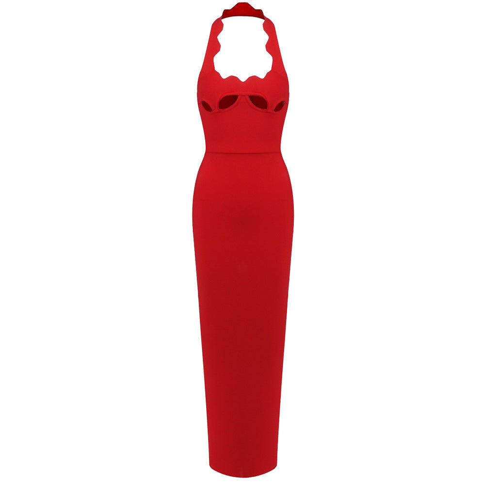 Retro Halter Neck Long Dress with Hollow-Out Design