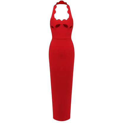 Retro Halter Neck Long Dress with Hollow-Out Design