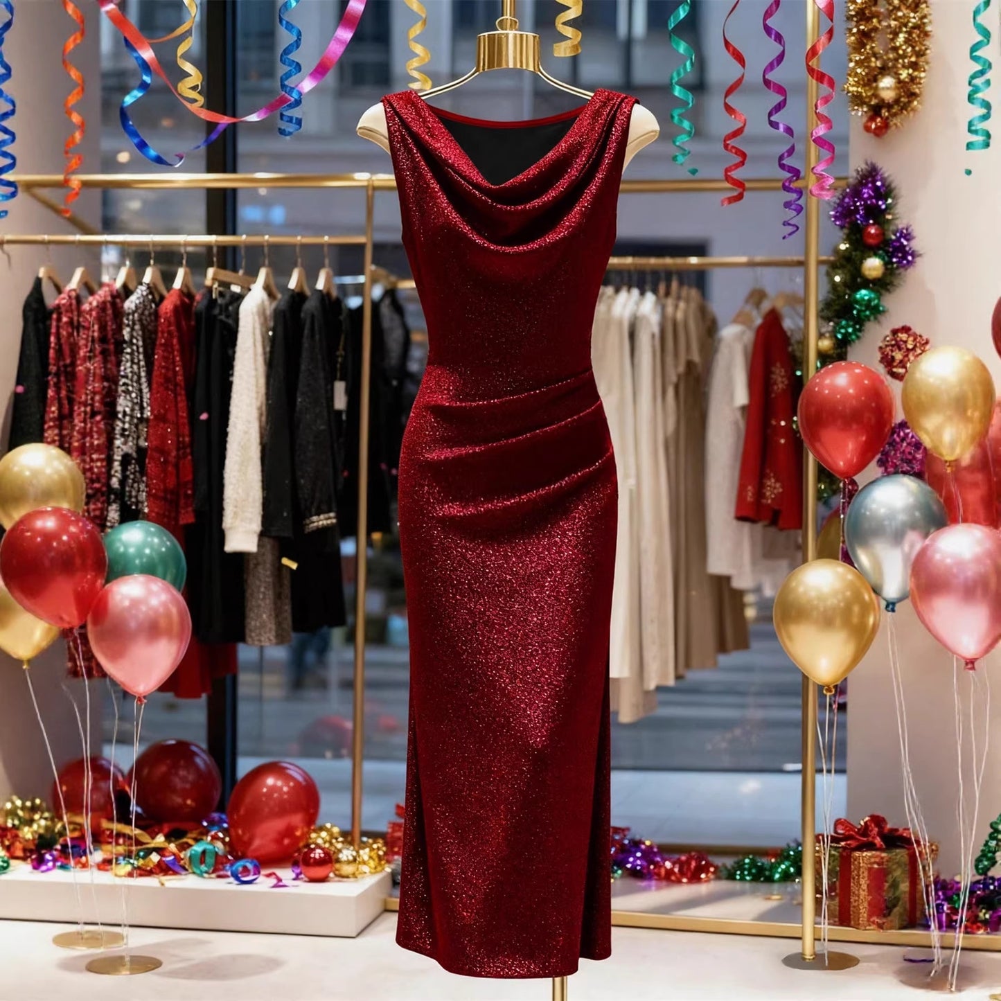 Silk Draped Collar Evening Gown