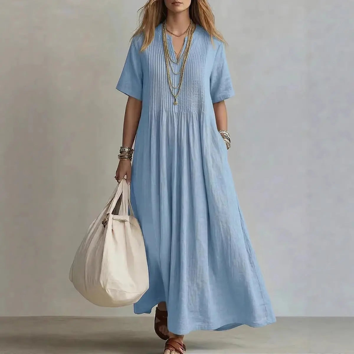 Women's V-Neck Pleated Cotton Linen Dress Drip Depot