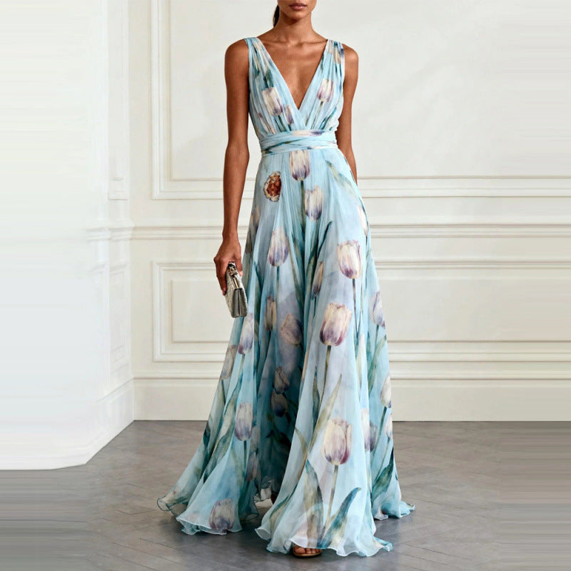 Floral Print V-Neck Sleeveless Long Dress