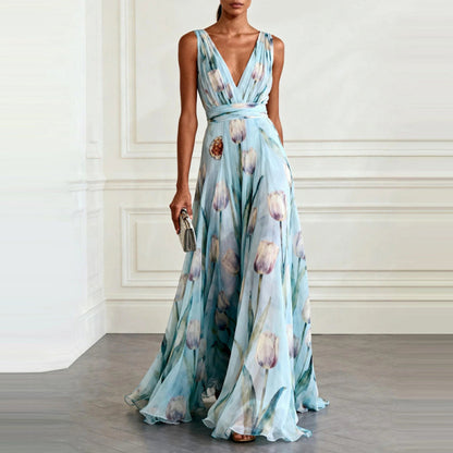 Floral Print V-Neck Sleeveless Long Dress